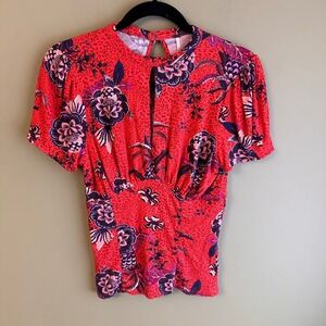 Free People Hear Me Roar Floral Print Keyhole Short Sleeve Top Size S